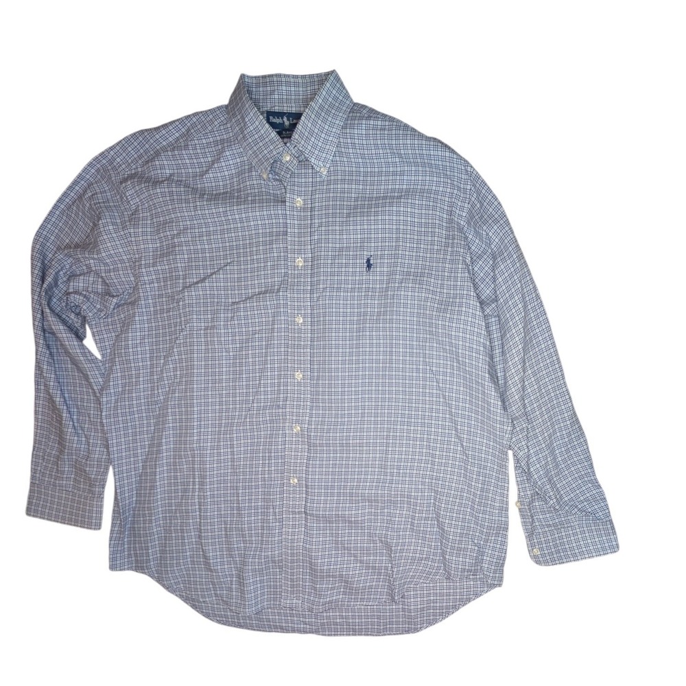 Ralph Lauren Button Up Mens XL Blue Blake Tattersall Check Cotton Long‎ Sleeve